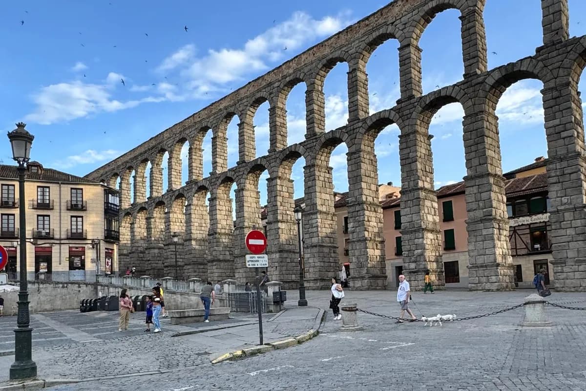 The Roman aqueduct of Segovia, nearly two thousand years old, seen on a private day trip from Madrid