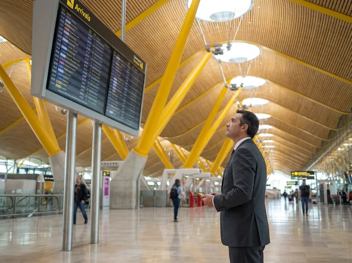 Corporate chauffeur checking the flight arrivals board at Barajas T4 — executive airport pickup service