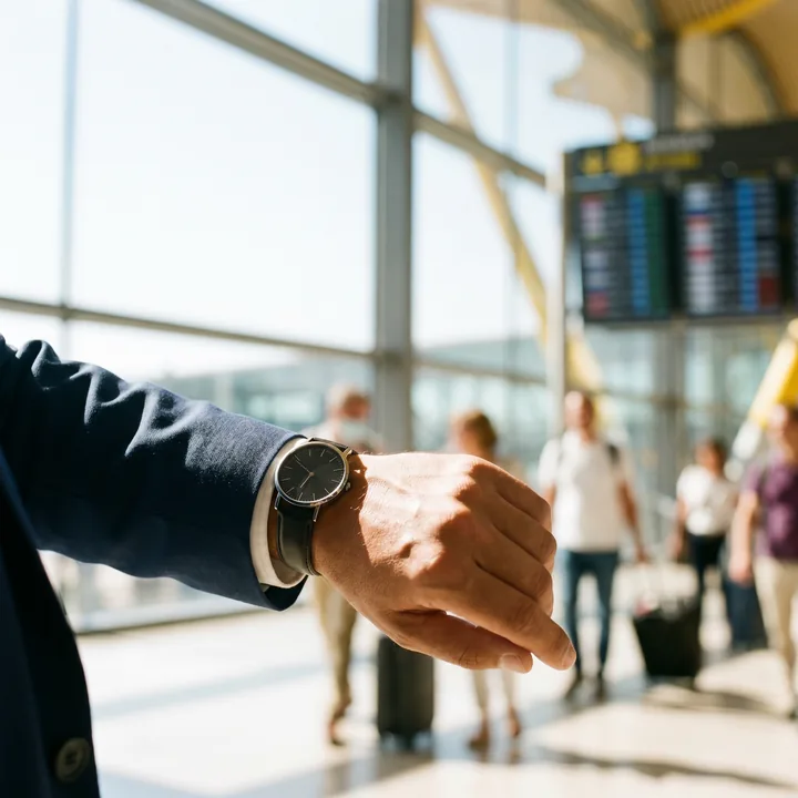 Chófer mirando la hora en las llegadas de Barajas mientras espera a un pasajero