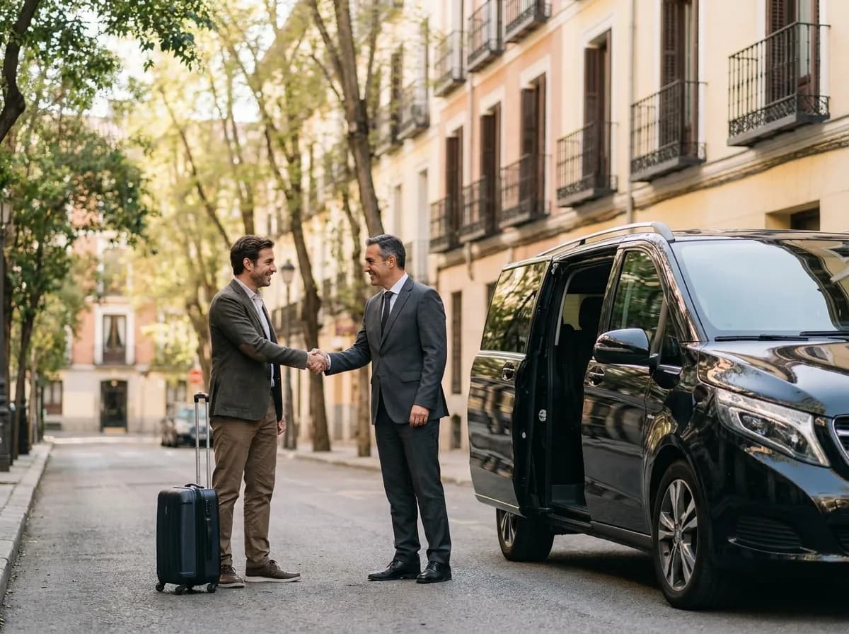 Chauffeur and corporate client handshake next to a black V-Class transfer van in Madrid