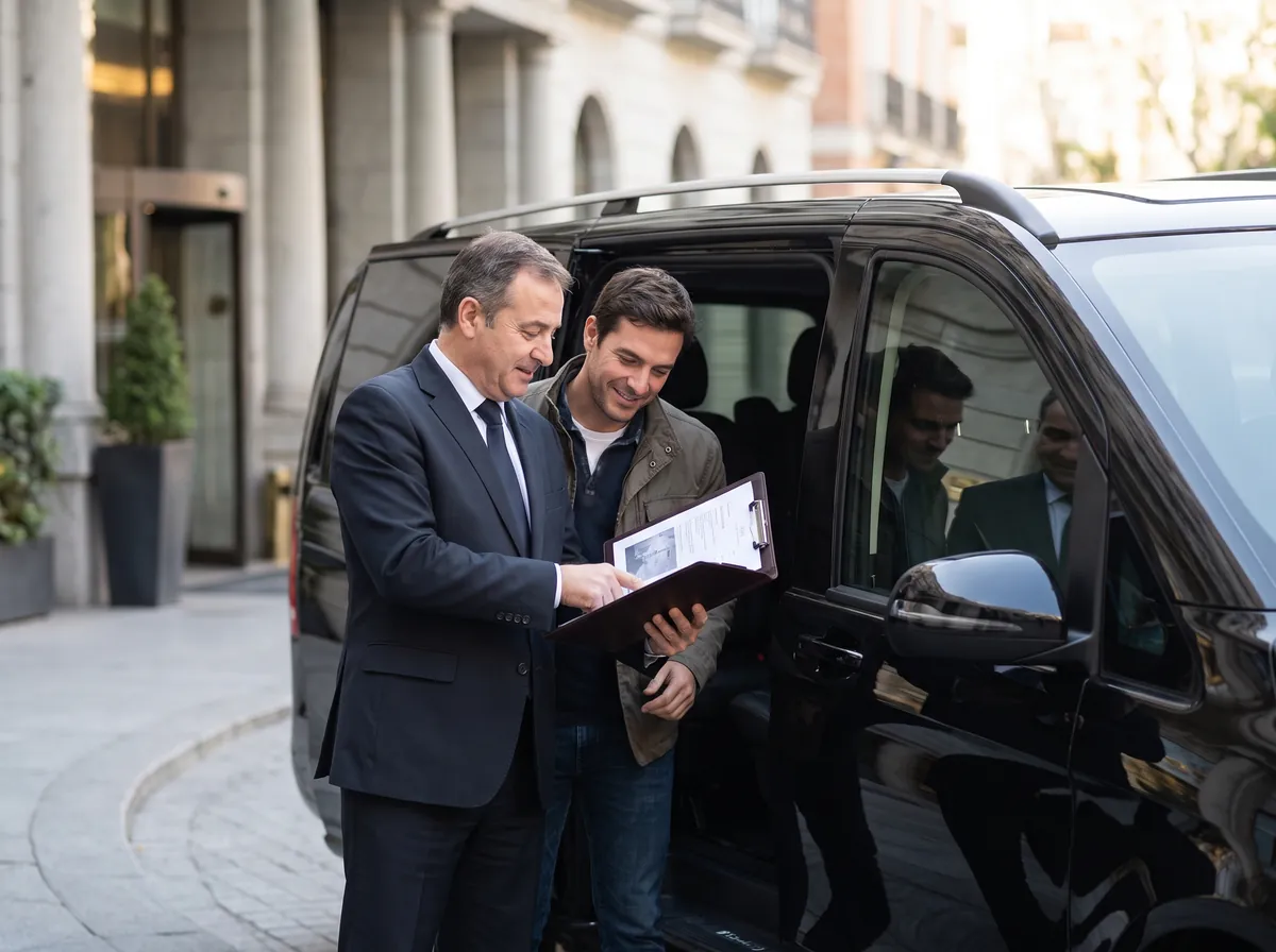Wedding planner revisando un presupuesto cerrado con un chófer junto a una Clase V en Madrid