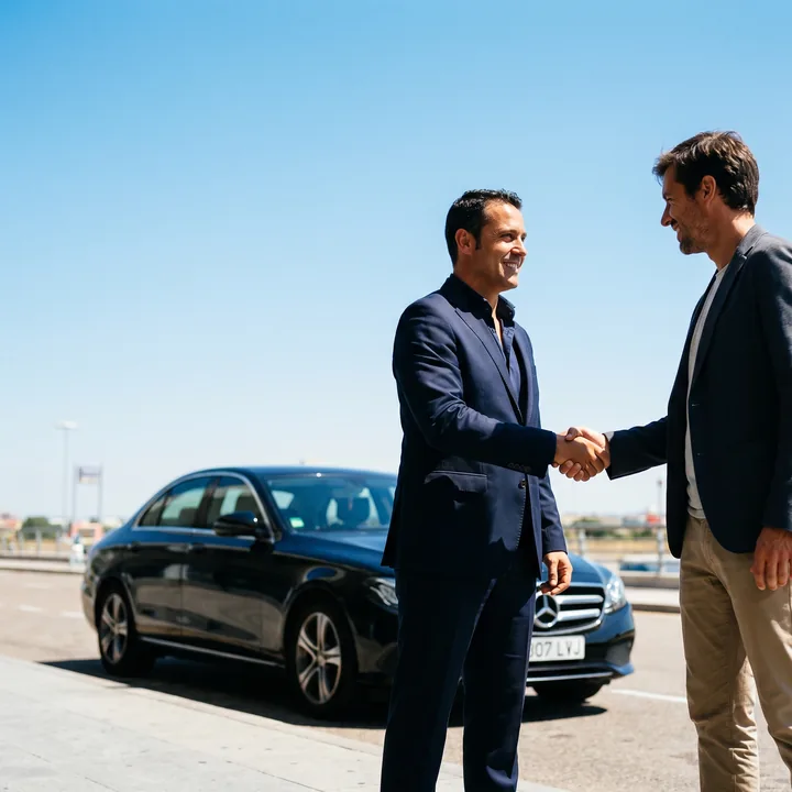 Chauffeur and client agreeing a fixed-price airport transfer beside a black car in Madrid