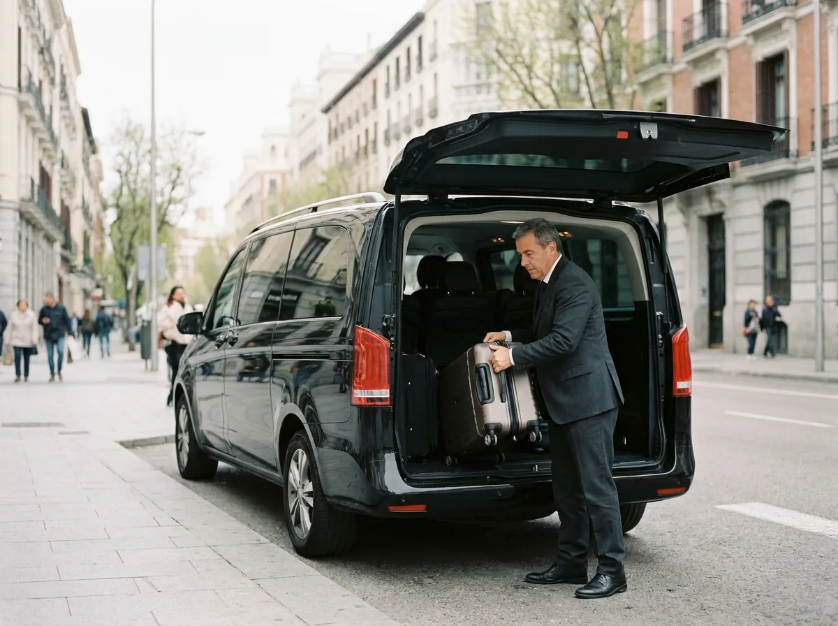 Chófer cargando el equipaje en una Clase V antes de una excursión privada desde Madrid