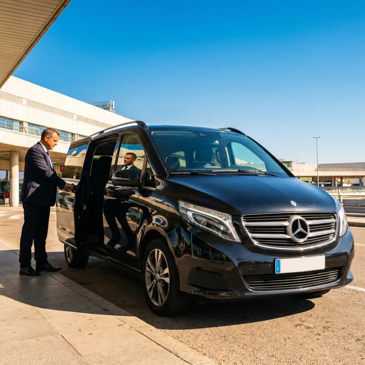 Professional chauffeur opening the door of a black car at the Madrid airport terminal