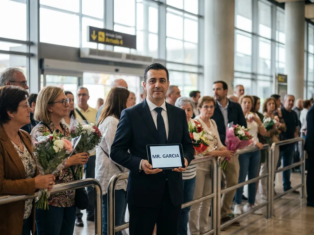 Chauffeur holding a tablet name sign at the arrivals gate of Madrid-Barajas Terminal 4, waiting among the crowd to meet a passenger