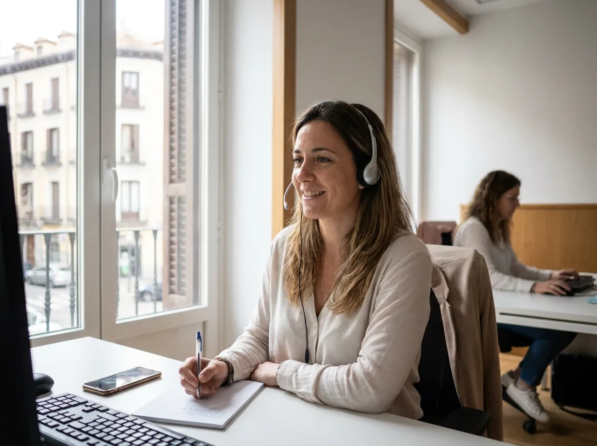 Coordinadora de centralita con auriculares gestionando la reserva de un evento de grupo desde una oficina de Madrid