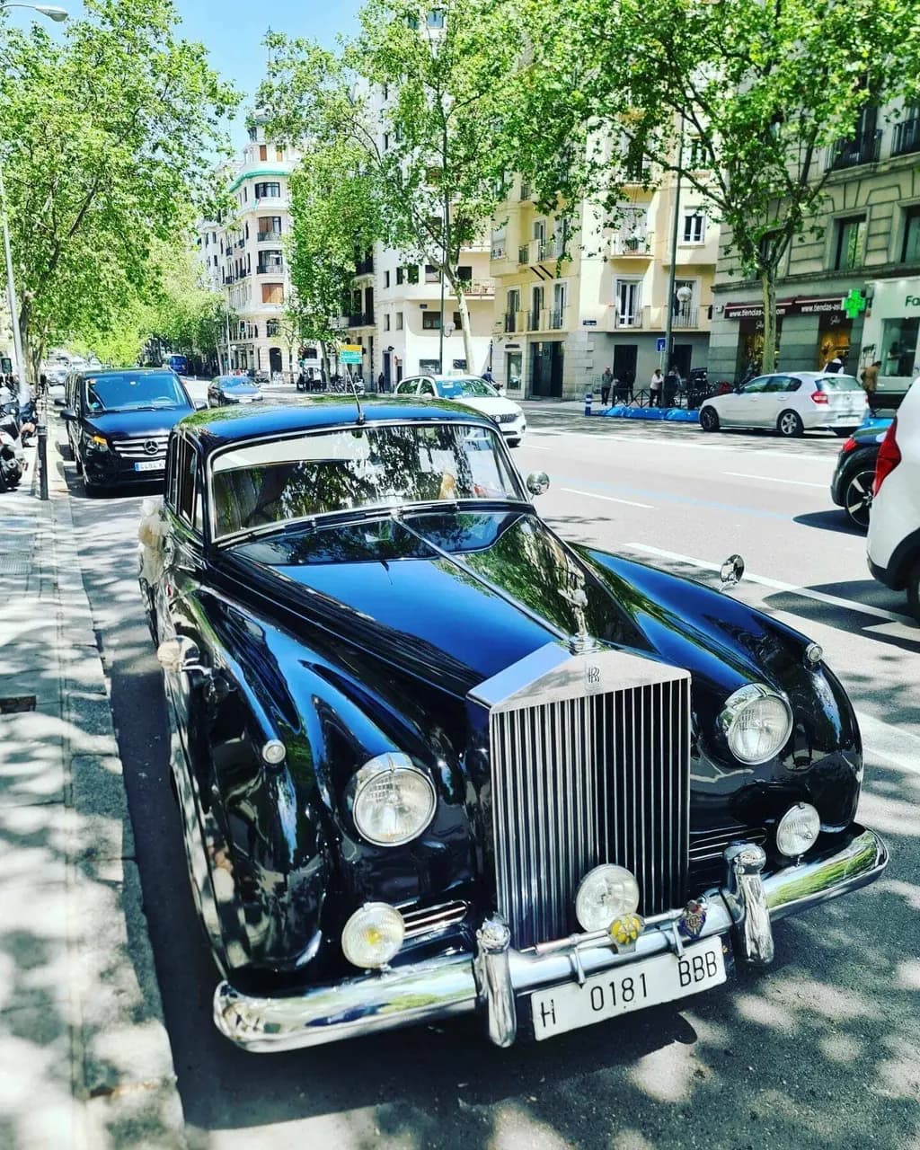 Guests in formal wear stepping from a black private car at a Madrid gala in the evening