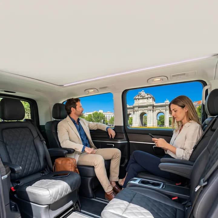 Passengers relaxing in the comfortable leather rear cabin of a private transfer through Madrid