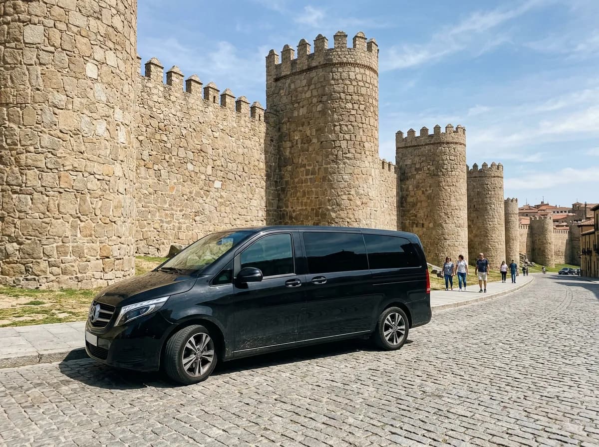Furgoneta de traslado privado junto a la muralla medieval de Ávila en una excursión desde Madrid
