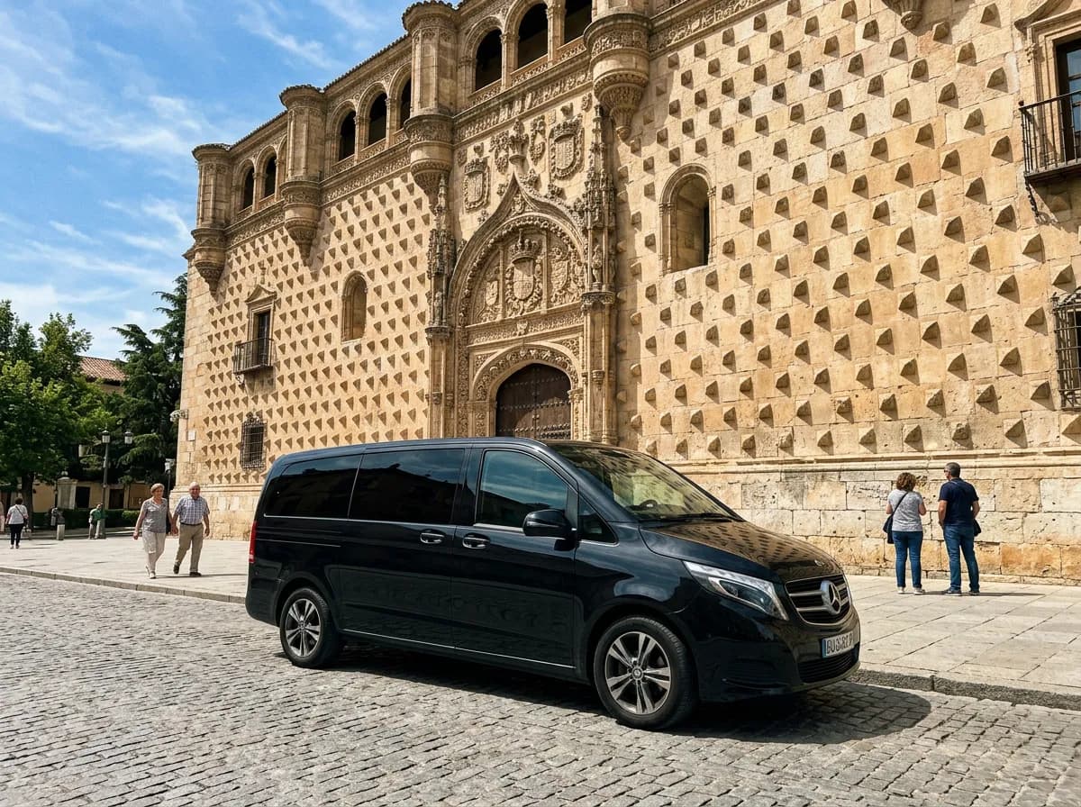 Private transfer van beside the Palacio del Infantado in Guadalajara, a private intercity route from Madrid