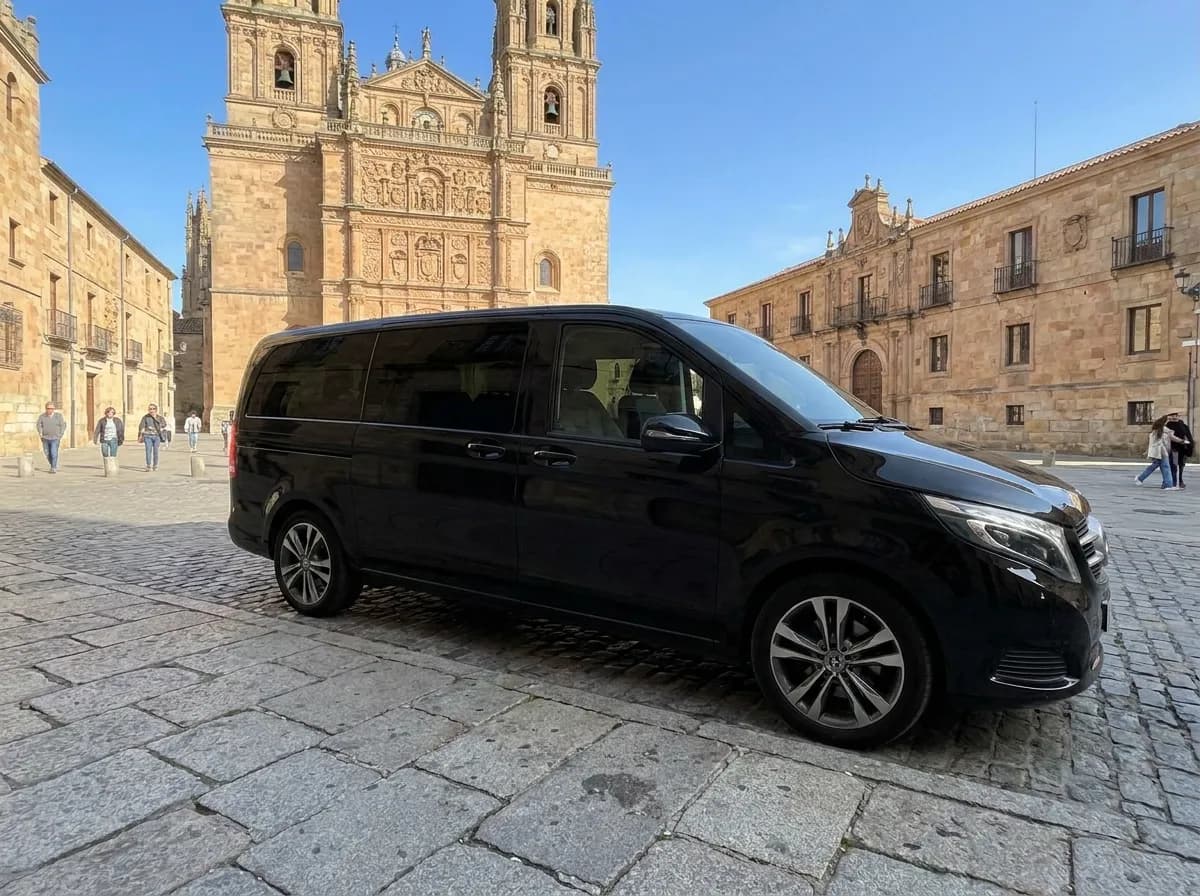 Private transfer van in the historic center of Salamanca, a private intercity route from Madrid