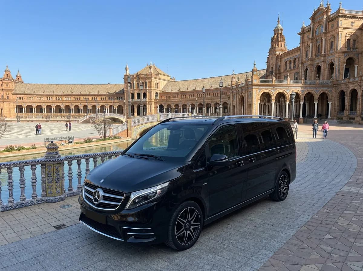 Private transfer van at Plaza de España in Seville, a private intercity route from Madrid